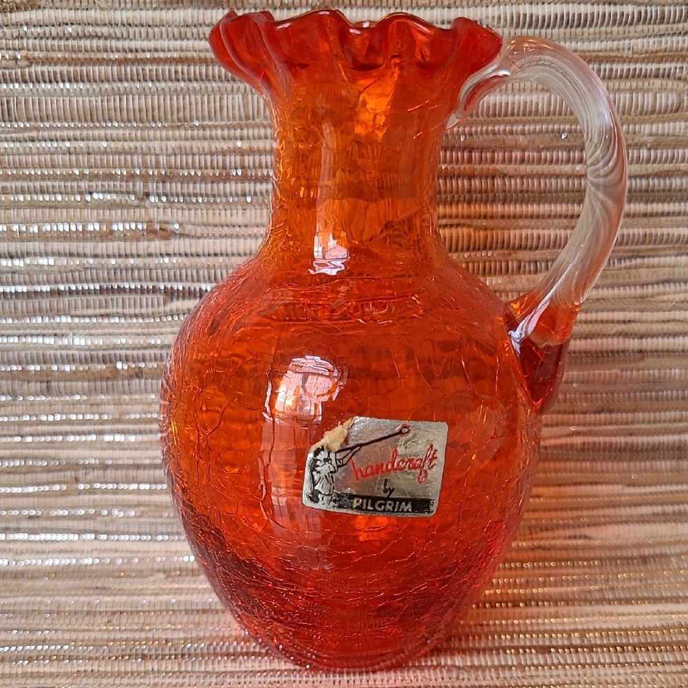 Pilgrim Vibrant Handblown Orange Crackle Glass Pitcher